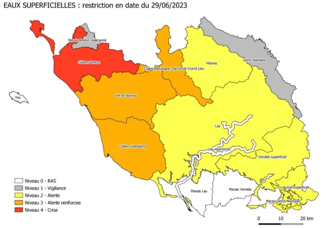 Carte des restrictions sur les eaux superficielles en Vendée, capture d'écran