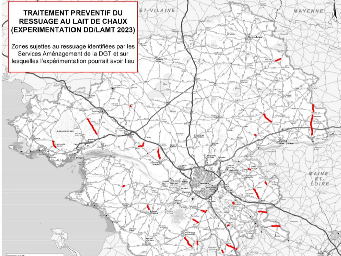 Carte des zones possibles de traitement par lait de chaux