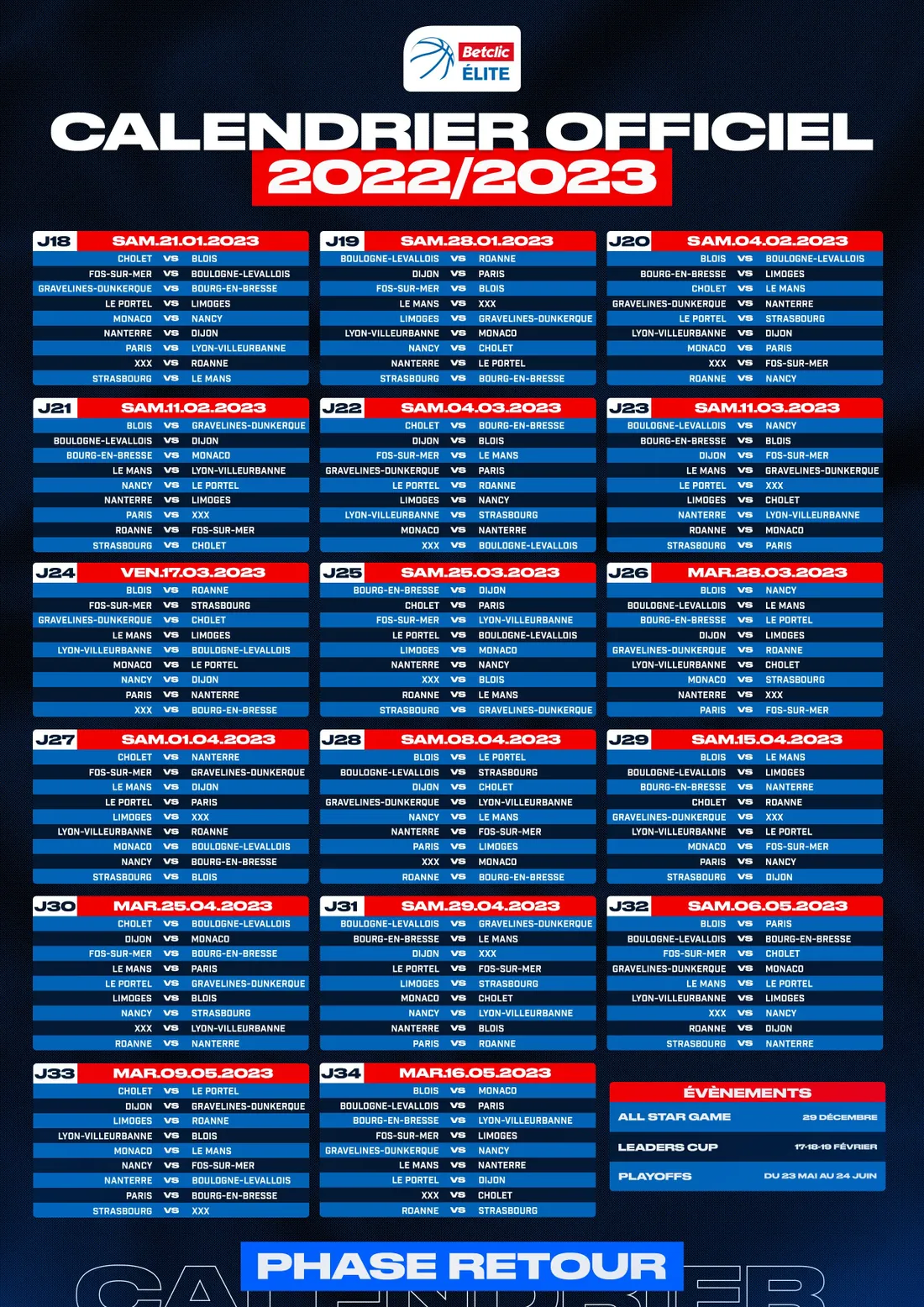 Calendrier Matchs Retour Betclic Elite 2022 - 2023.