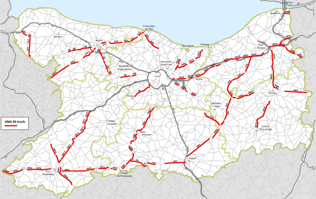 En rouge, les tronçons concernés par le retour au 90 km/h. © Département du Calvados 