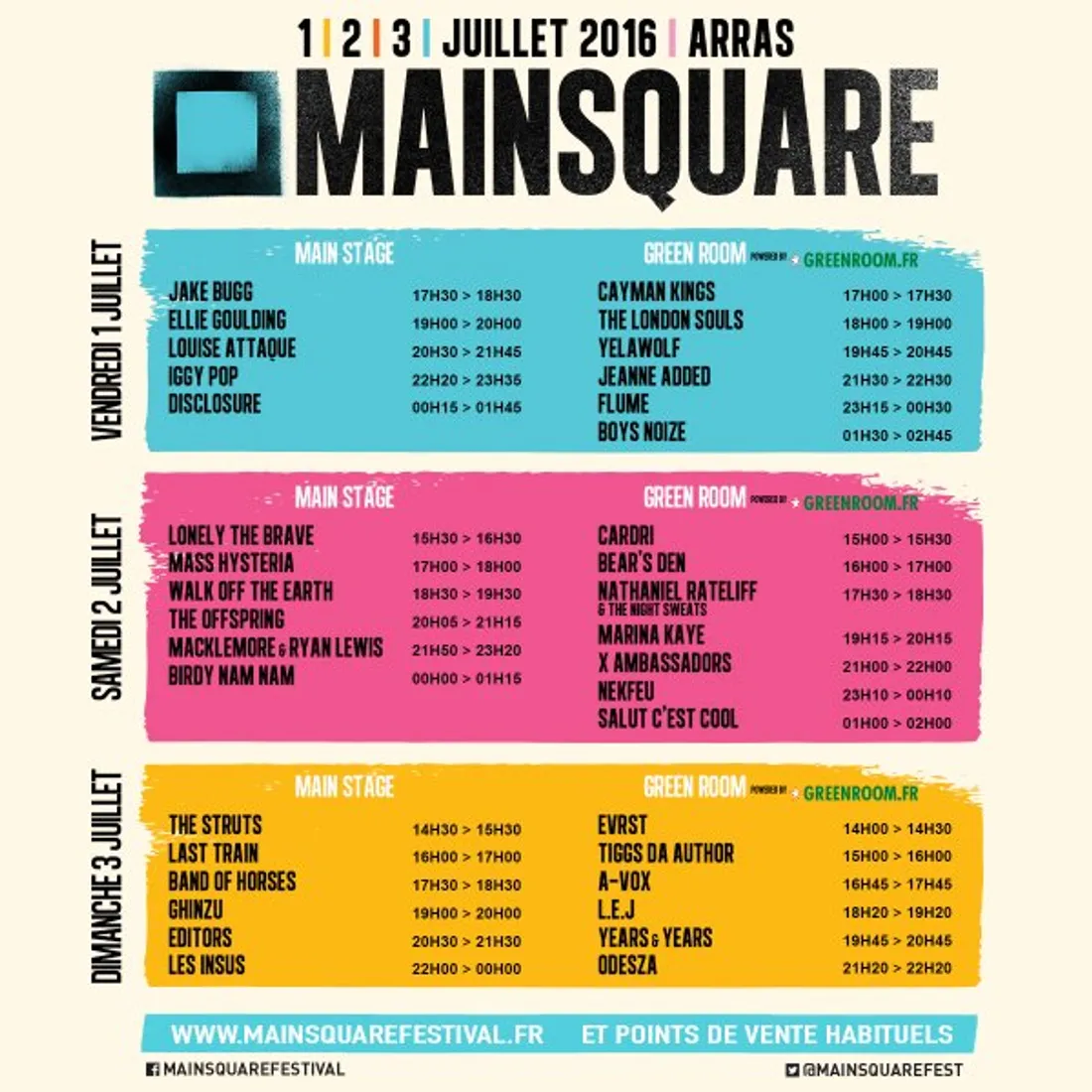 Horaires de passage des artistes du Main Square Festival 2016