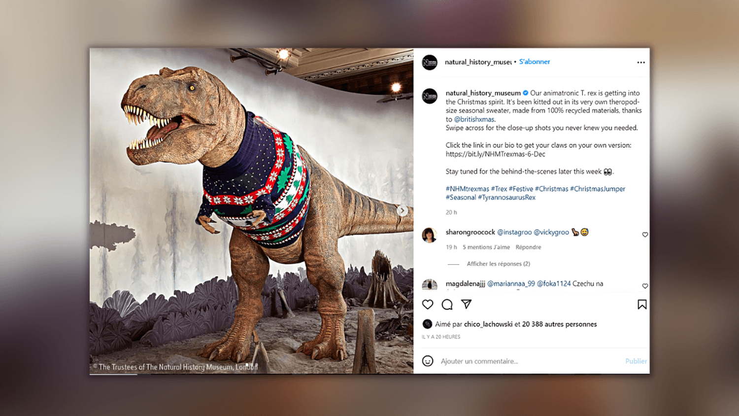 Un T-rex du Musée d’histoire naturelle de Londres, vêtit d’un pull de Noël !