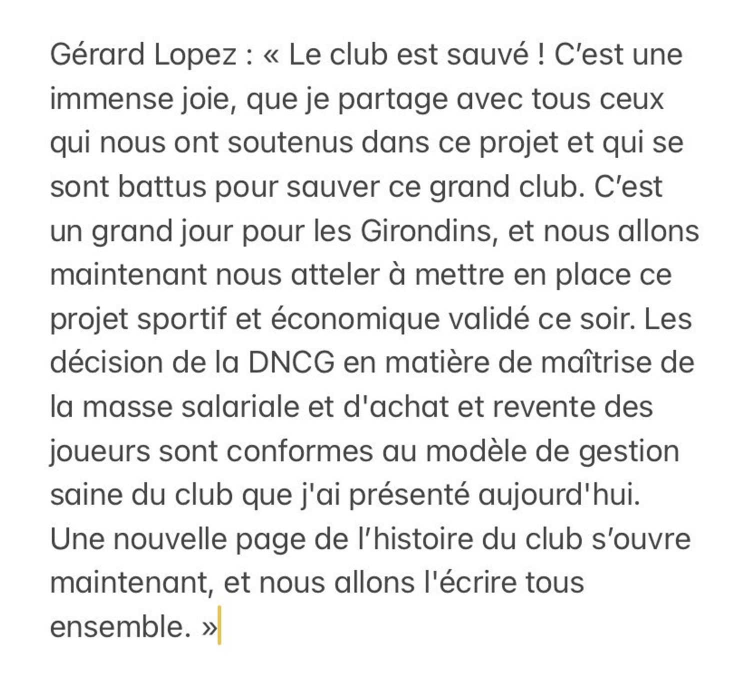 Communiqué Gérard Lopez