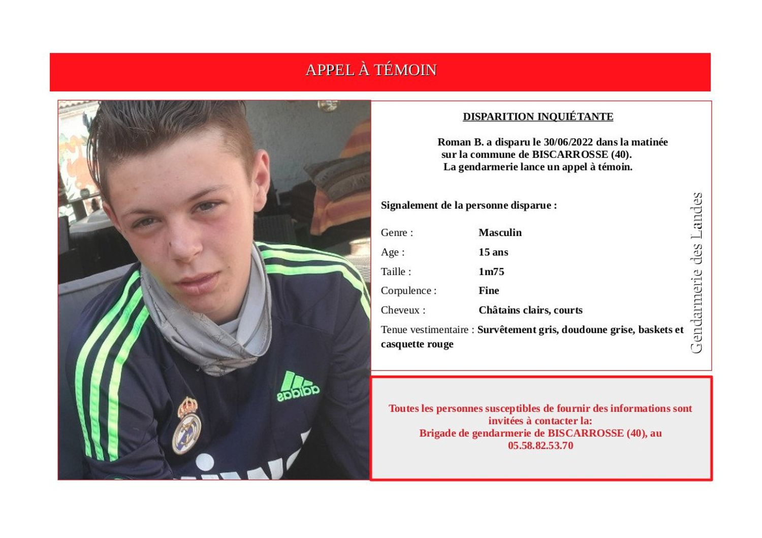 Roman a disparu depuis le 30 juin à Biscarrosse