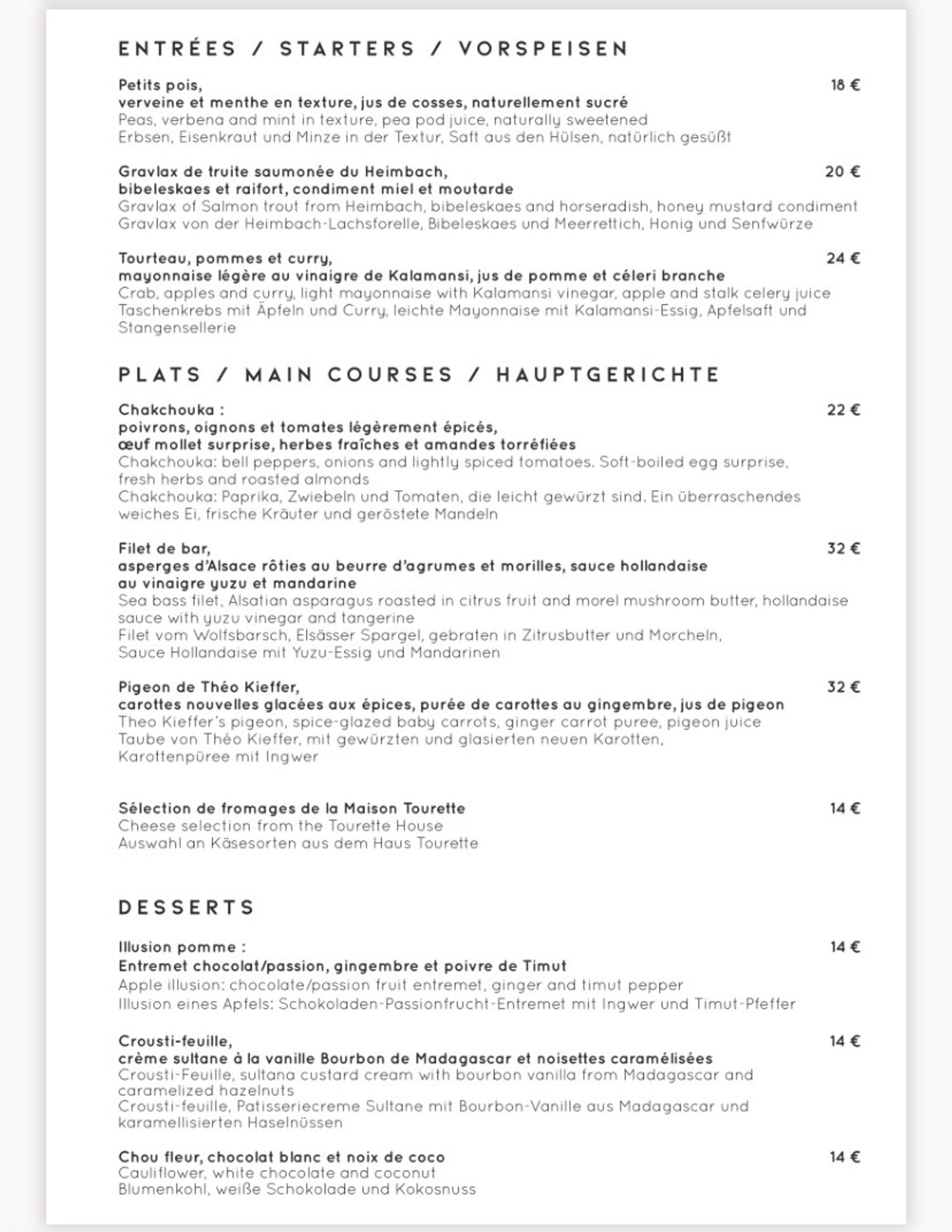 La carte du restaurant Pont tournant à Strasbourg