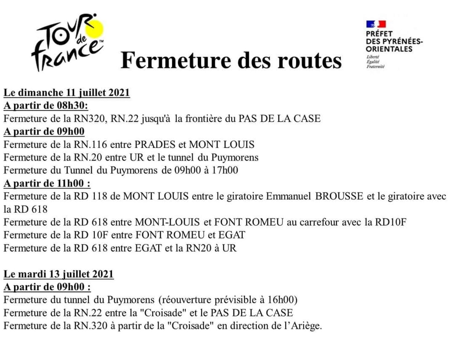 Les routes du département fermées ce dimanche