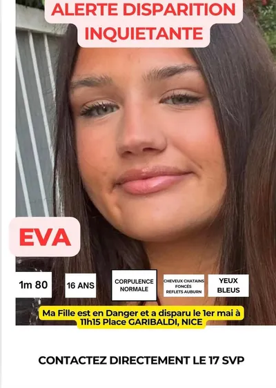 Éva, l’adolescente de 16 ans disparue a été retrouvée saine et sauve lundi soir à Nice