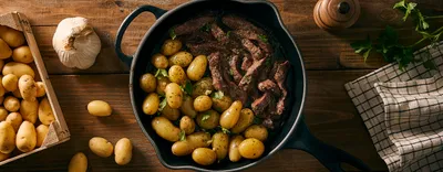 One pot rumsteck et pommes de terre à l'ail