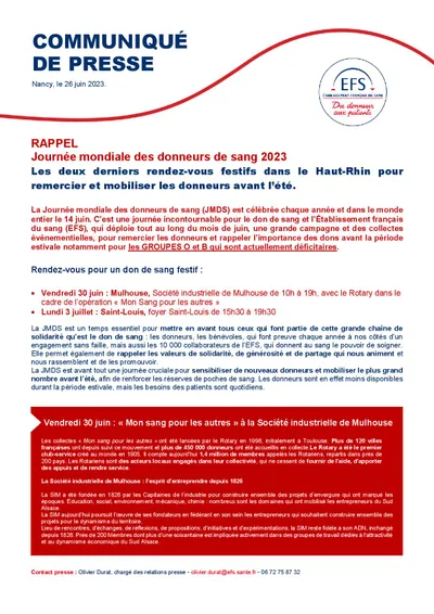 Collecte Mon sang pour les Autres vendredi 30 juin à Mulhouse au SIM