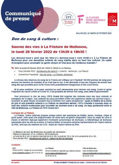 communiqué de presse don collecte La Filature à Mulhouse lundi 28 février 2022