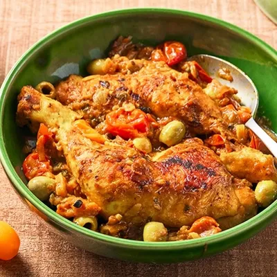 Tajine de poulet aux tomates cerises et au citrons confits