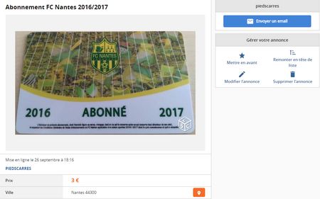 Un supporter du FC Nantes vend sa carte d'abonnement sur leboncoin...
