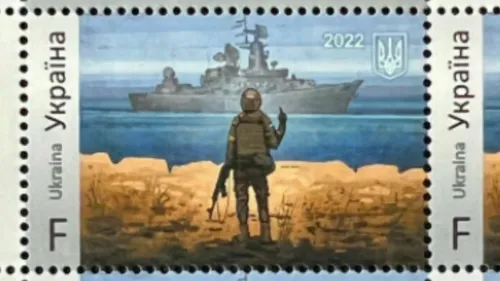 Un timbre représentant un soldat ukrainien faisant un doigt...