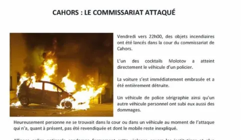 Des cocktails molotov lancés dans la cour du commissariat de Cahors...