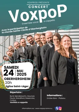 Concert ensemble vocal a cappella VoxpoP le samedi 24 mai à 20h,...