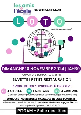 Loto des amis de l'école Desudde le 10 novembre à Pitgam