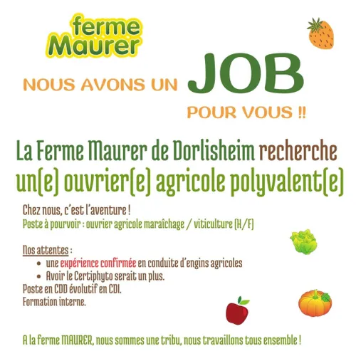 OUVRIER(E) AGRICOLE POLYVALENT(E) - Ferme Maurer, Dorlisheim