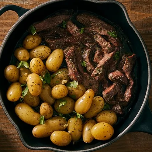 One pot rumsteck et pommes de terre à l'ail