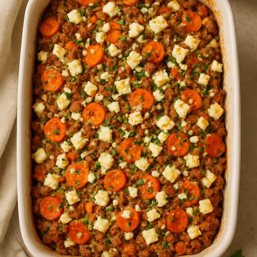Gratin de viande hachée, carottes et feta