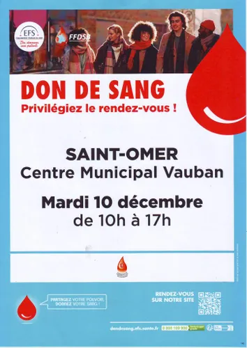 Collecte de sang à Saint-Omer ce 10 décembre prochain.