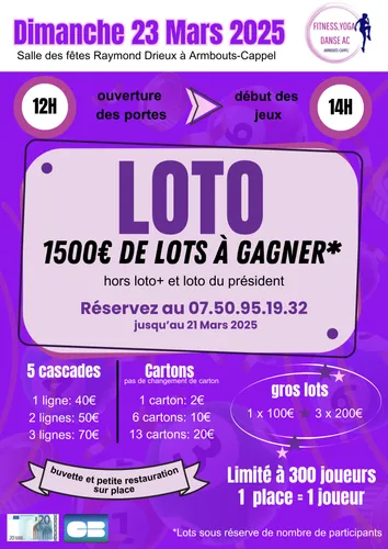 Loto organisé par Fitness, Yoga, Danse Ac le 23 mars à Armbouts-Cappel